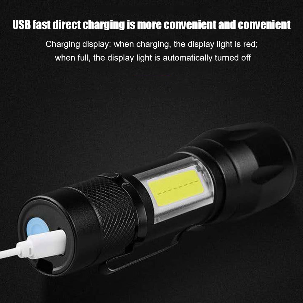 XPE+COB LED Flashlight USB Rechargeable IPX4 3 Modes Emergency Torch Light 