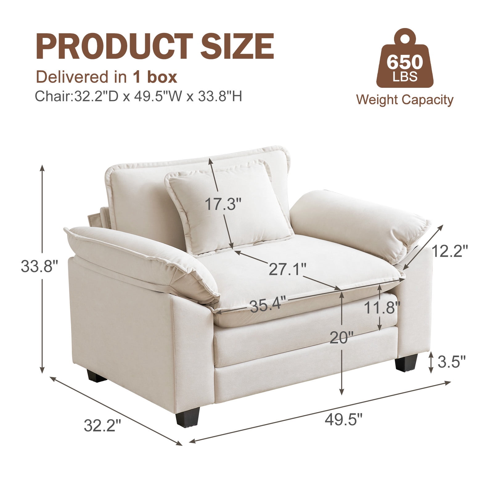 JULY'S SONG Oversized Accent Chair with Arms, Chenille Comfy Cloud Sofa Chairs in Living Room, Cozy Chair and a Half with Deep Seat, Modern Reading Chair for Bedroom, Beige