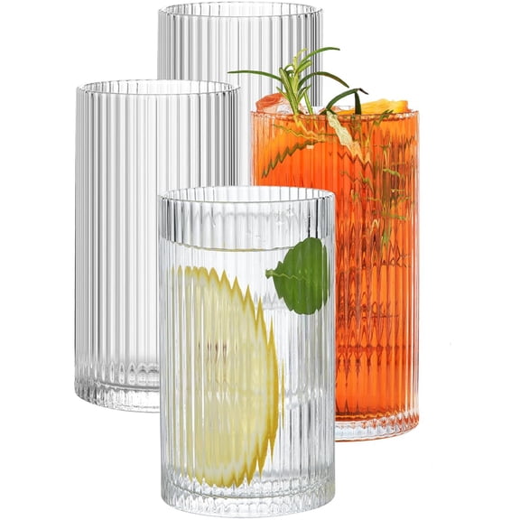 Ribbed Glassware Set of 4, Highball Water Drinking Glasses with Straws, Glassware Iced Coffee Cups, Origami Style Ridged Tumbler for Coocktail, Whiskey, Beer