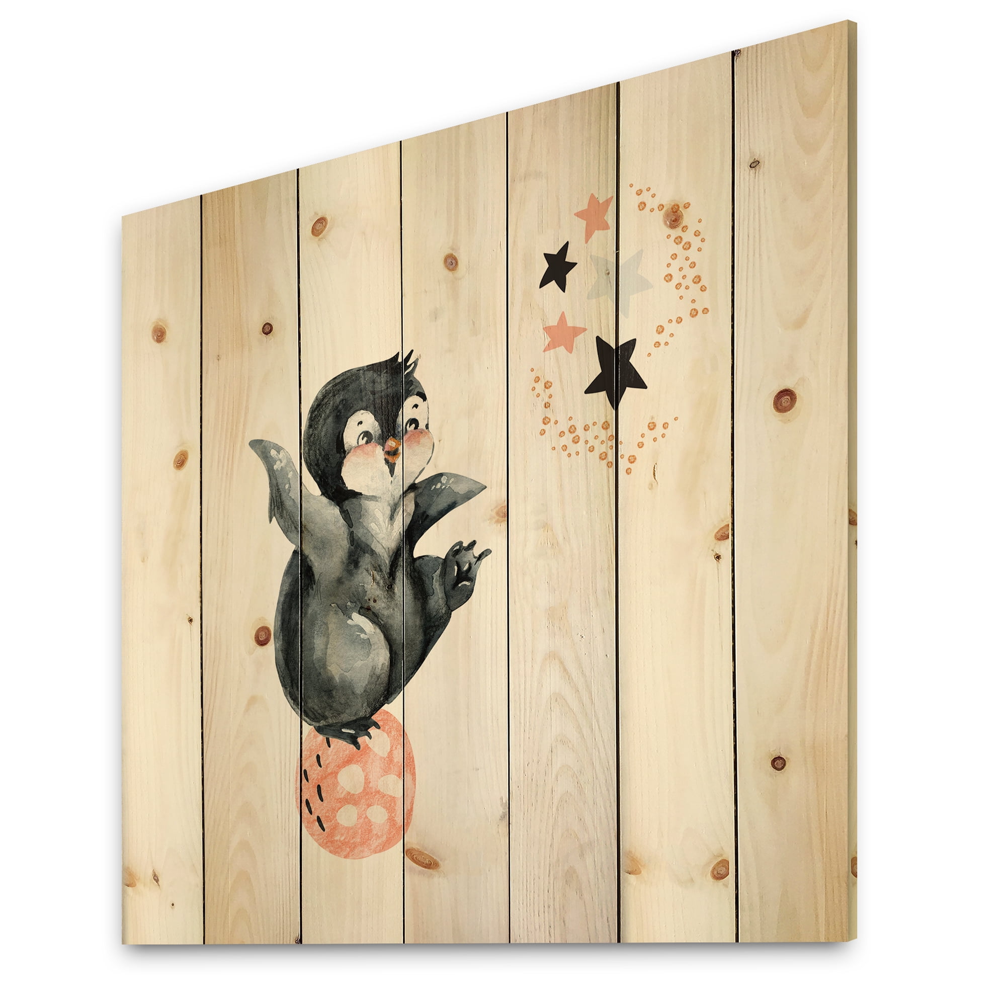 Designart 'Little Penguin With Planets and Stars II' Farmhouse Print on Natural Pine Wood