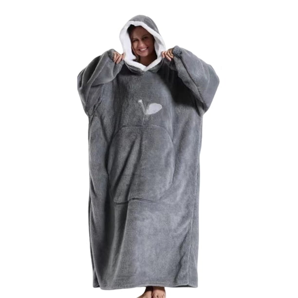 Guardurnaity Manta suéter con capucha de invierno para parejas mangas cálidas y cómodas con bolsillos manta albornoz Pijama gris claro