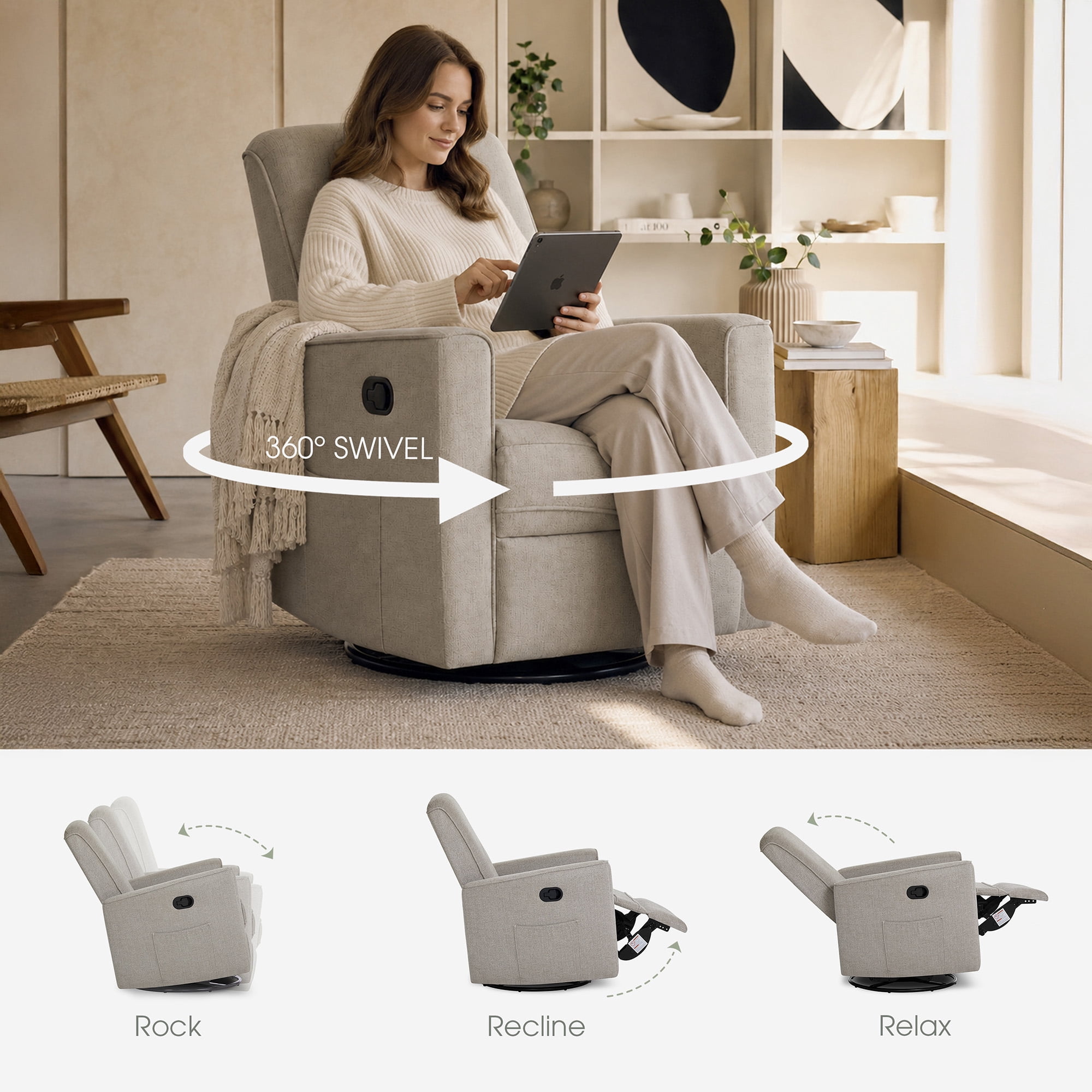 Evolur Raleigh Basic Glider |Recliner| Rocker, Warm Sand