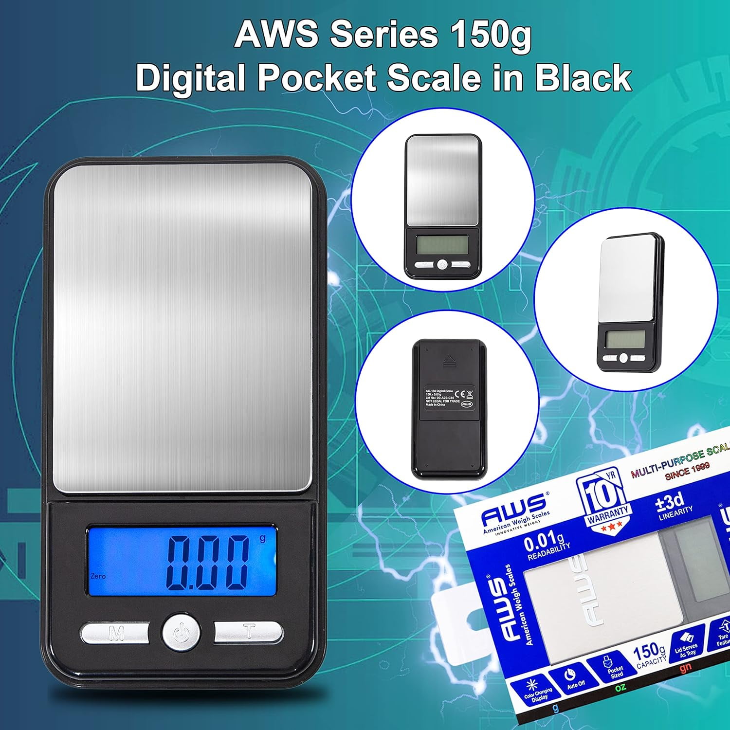 AMERICAN WEIGH SCALES Digital Pocket Weight Scale, Stainless Steel, Black 150g