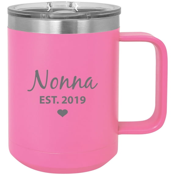 Nonna Established Est. 2019 Steel Vacuum Insulated 15 Oz Engraved Travel Coffee Mug with Slider Lid, Pink