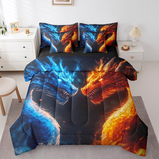 Ensemble de Couette Gragon 3D Peinture de Gragon Ensemble de Literie Complet, Animaux Sauvages Magiques Lit en Sac Motif Animaux Bleus et Rouges Ensembles de Couette pour Enfants Garçons Adolescents