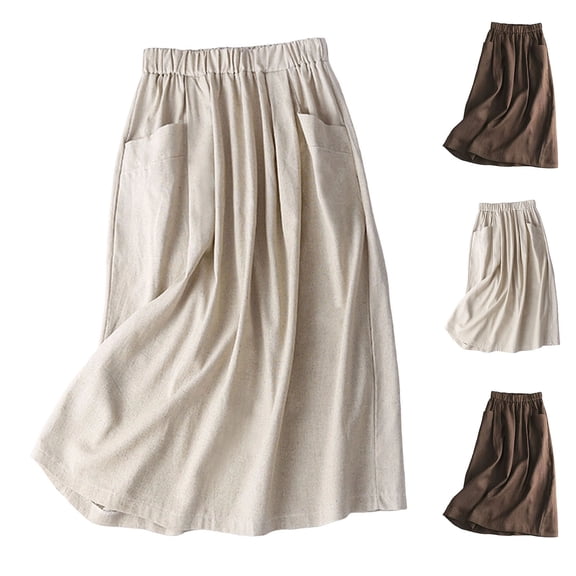 Jsaierl Women’s Linen Midi Skirt Elastic Waist Casual Skirt with Pockets for Everyday Wear and Brunch
