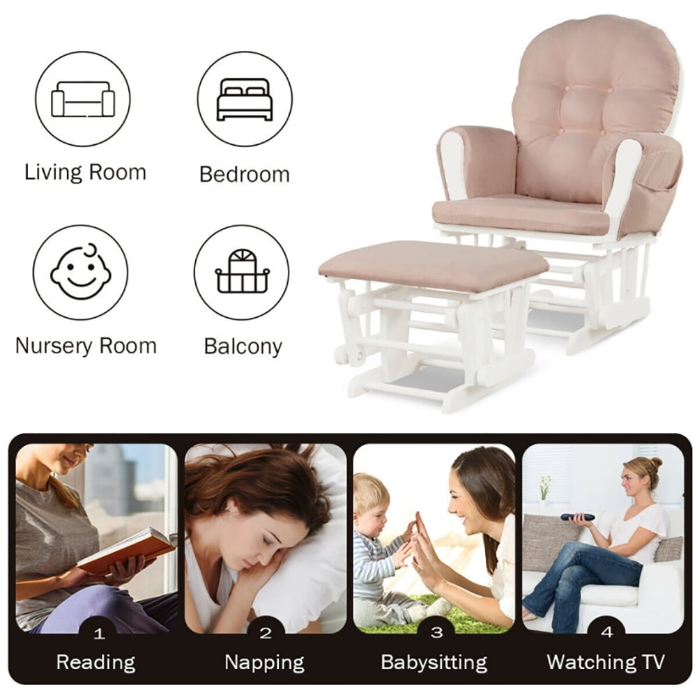 Finihen Glider and Ottoman Cushion Set, Wooden Rocking Nursery Chair with Cushioned Armrests Detachable Cushion, Upholstered Glider with Nursing Ottoman, for Napping, Nursing, Reading, Pink Finihen Glider and Ottoman Cushion Set, Wooden Rocking Nursery Chair with Cushioned Armrests Detachable Cushion, Upholstered Glider with Nursing Ottoman, for Napping, Nursing, Reading, Pink