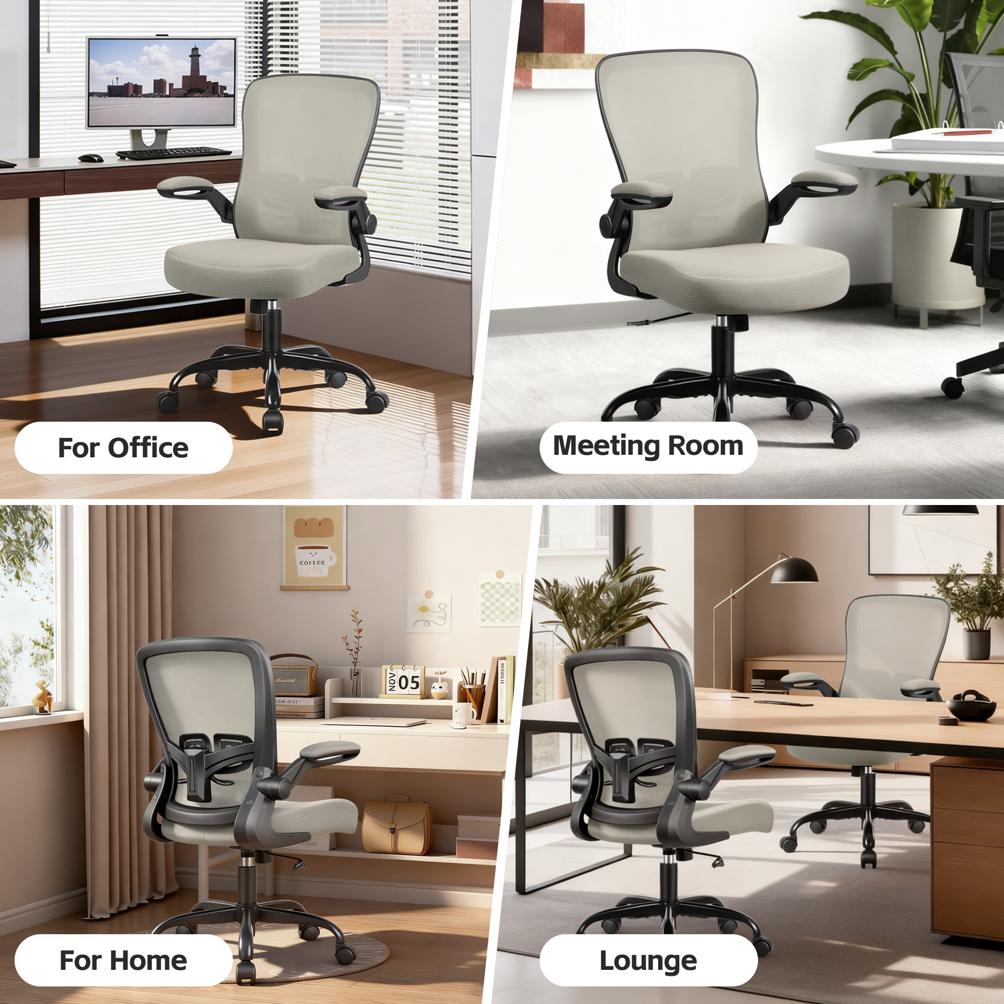 COOLHUT Ergonomic Office Chair, Home Office Desk Chair, Comfort Mesh Task Chair with Adjustable Lumbar Support and Flip up Arms, Gray