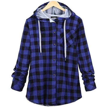 Plaid Long Sleeve Cardigan - Women's Plus Size Autumn Spring Casual Long Sleeve Plaid Hooded Cardigan Jacket with Pocket