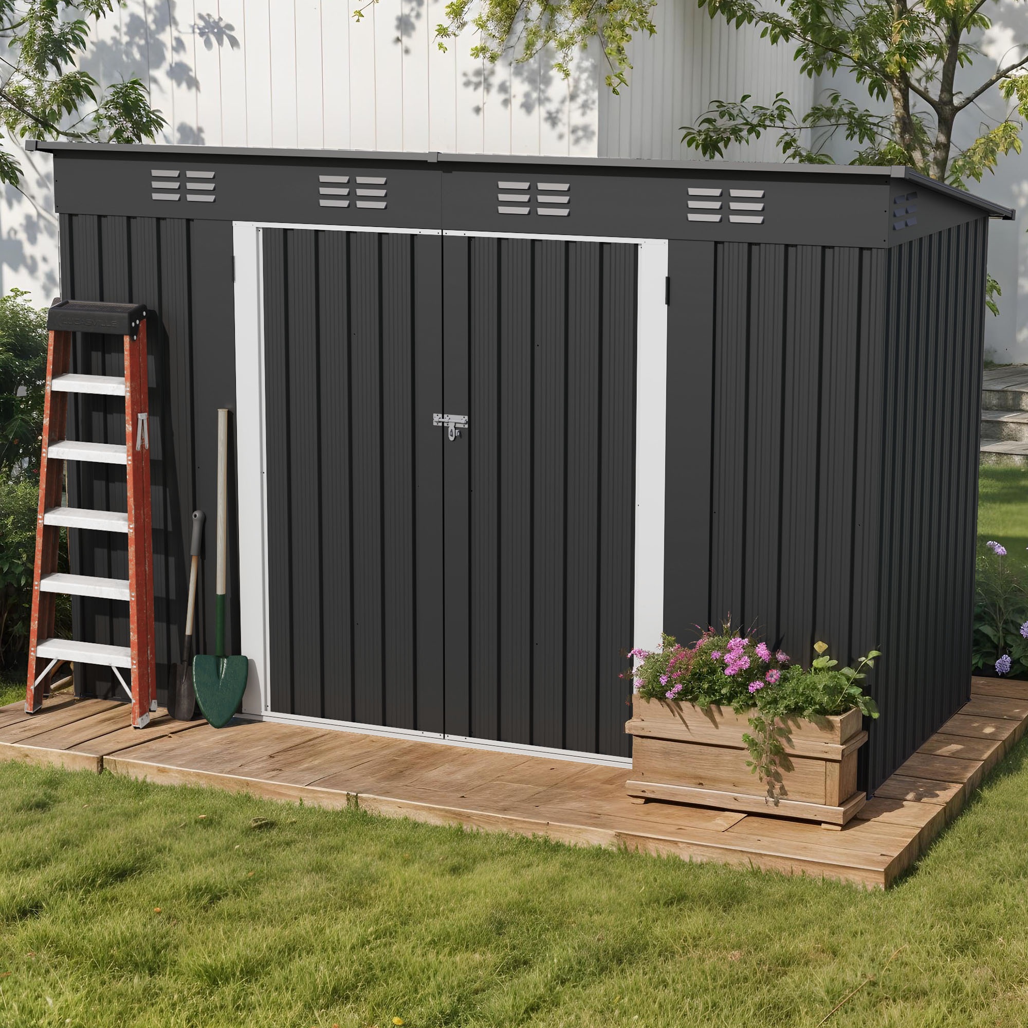 Uforic Oversized Steel Storage Shed with Ventilation, Lockable Doors, and Sloped Roof for Outdoor, Dark Gray