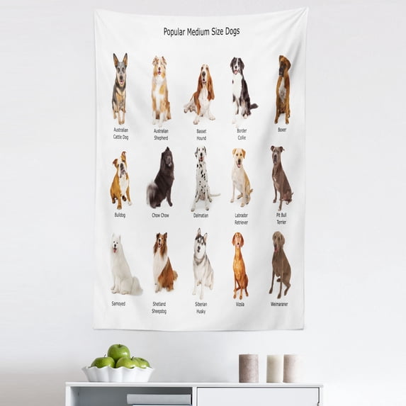 Colorful Tapestry, Group Different Puppy Breeds Family Type Species Dalmatian Husky Bulldog Image Print, Fabric Wall Hanging Decor for Bedroom Living Room Dorm, 5 Sizes, Multicolor, by Ambesonne