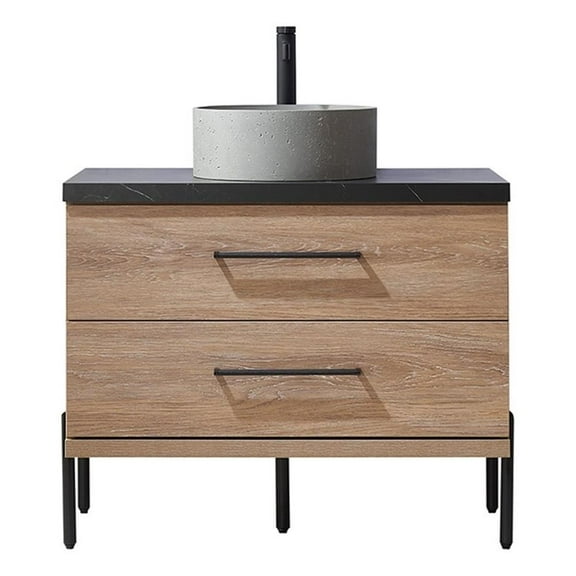 Trento 36" Black Sintered Stone Top Concrete Sink North American Oak Bath Vanity