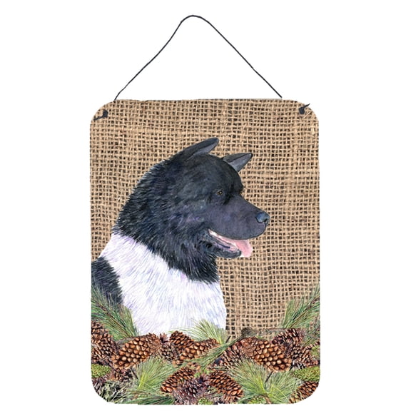Akita on Faux Burlap with Pine Cones Wall or Door Hanging Prints