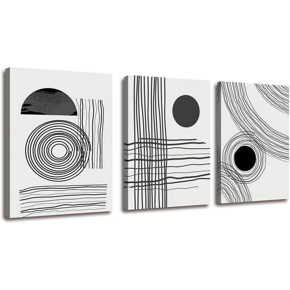 Black and White boho Abstract Wall Art 3 Pieces Stretched and Framed Canvas Painting Geometry Black Stroke Artwork for Home Office Bedroom Bathroom and Living Room Wall Decor Size: 12"x16"x3