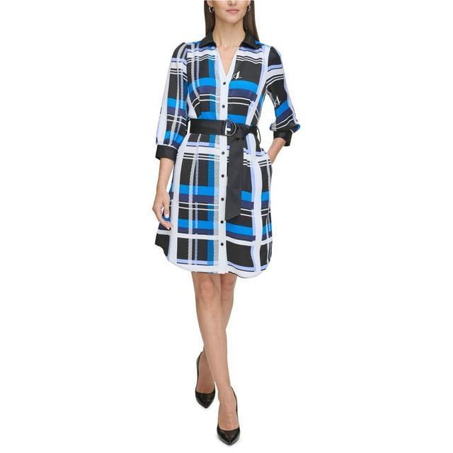 Karl Lagerfeld Womens Belted Multi-Tone Crepe Shirt Dress, blue, 4