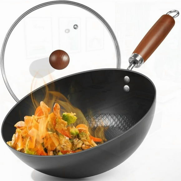 HLONK 9.5” Carbon Steel Stir-Fry Wok with Glass Lid - Lightweight Chemical-Free Flat Bottom Design for 12 Servings Perfect for Sautéing Vegetables and Meats Stir Fry Pan|Glossy Finis