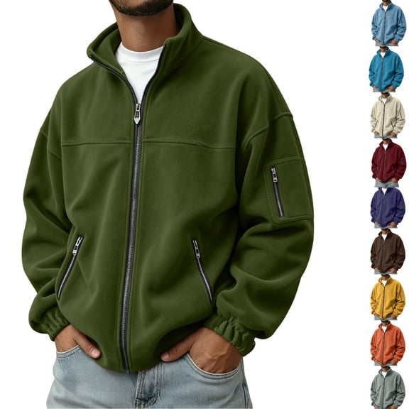 Polar Fleece Jacket for Men Ghalytn Full Zip Stand Collar Coat - Lightweight Outdoor Top with Pockets