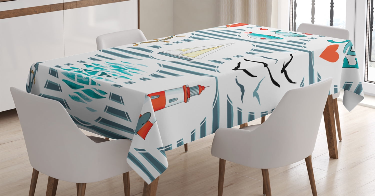 Nautical Decor Tablecloth, Sea Set with Fishes Lifebuoy Gulls and