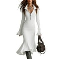 thumbnail image 2 of Women's Sweater Dress Knit Dress Long Sleeve Quarter Zip Bell Sleeve Fishtail Hem Bodycon Tight Dress for Winter,White,M, 2 of 6