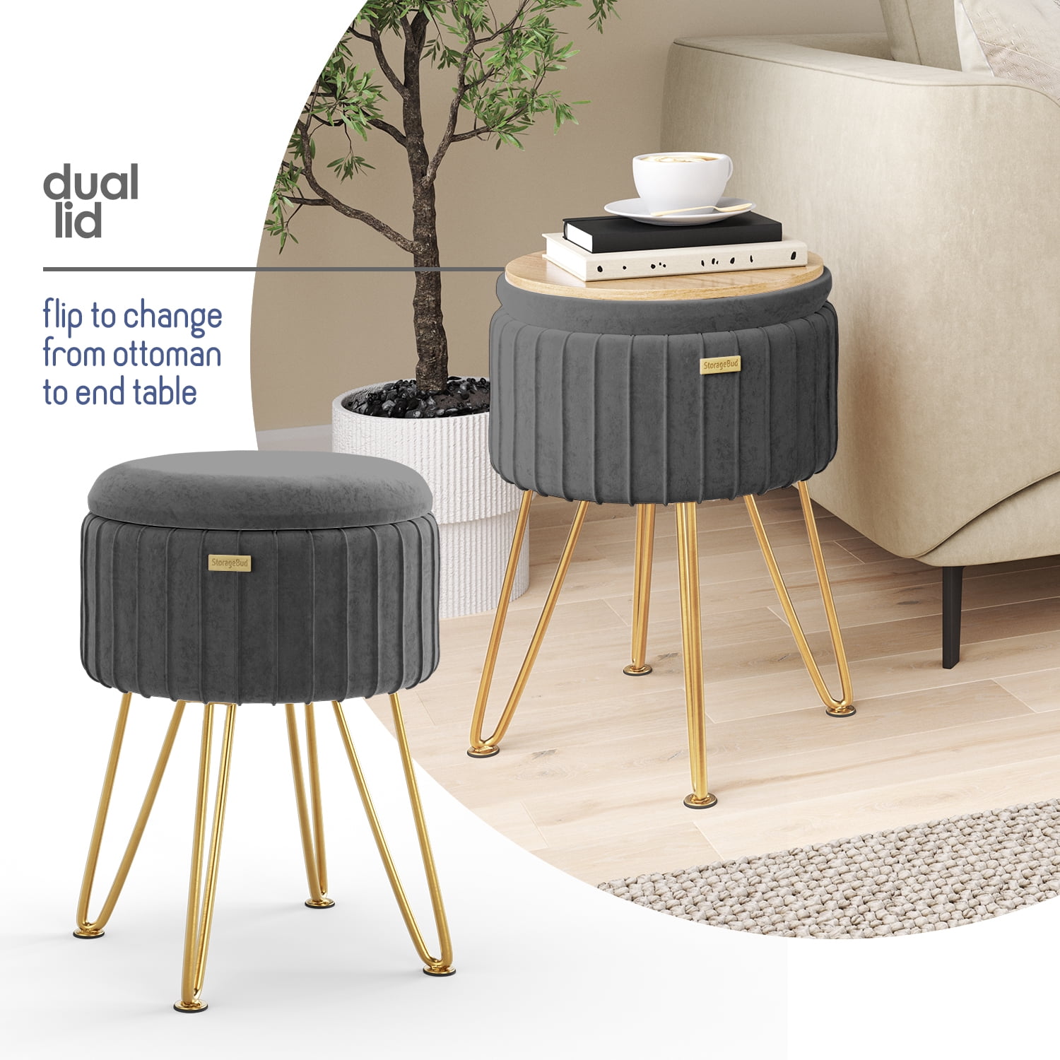 LammaLoe Small Round Ottoman with Storage, Pleated Velvet Ottoman Foot Stool with Lid, Upholstered Vanity Stool for Living Room & Bedroom, Gray