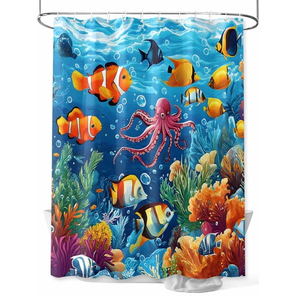 Ocean Marine Shower Curtain, Life Tropical Fish Octopus Coral Underwater World Waterproof Shower Curtain Set with 12 Hooks Lightweight Washable Fabric Shower Curtains for Bathroom 60x72 Inches