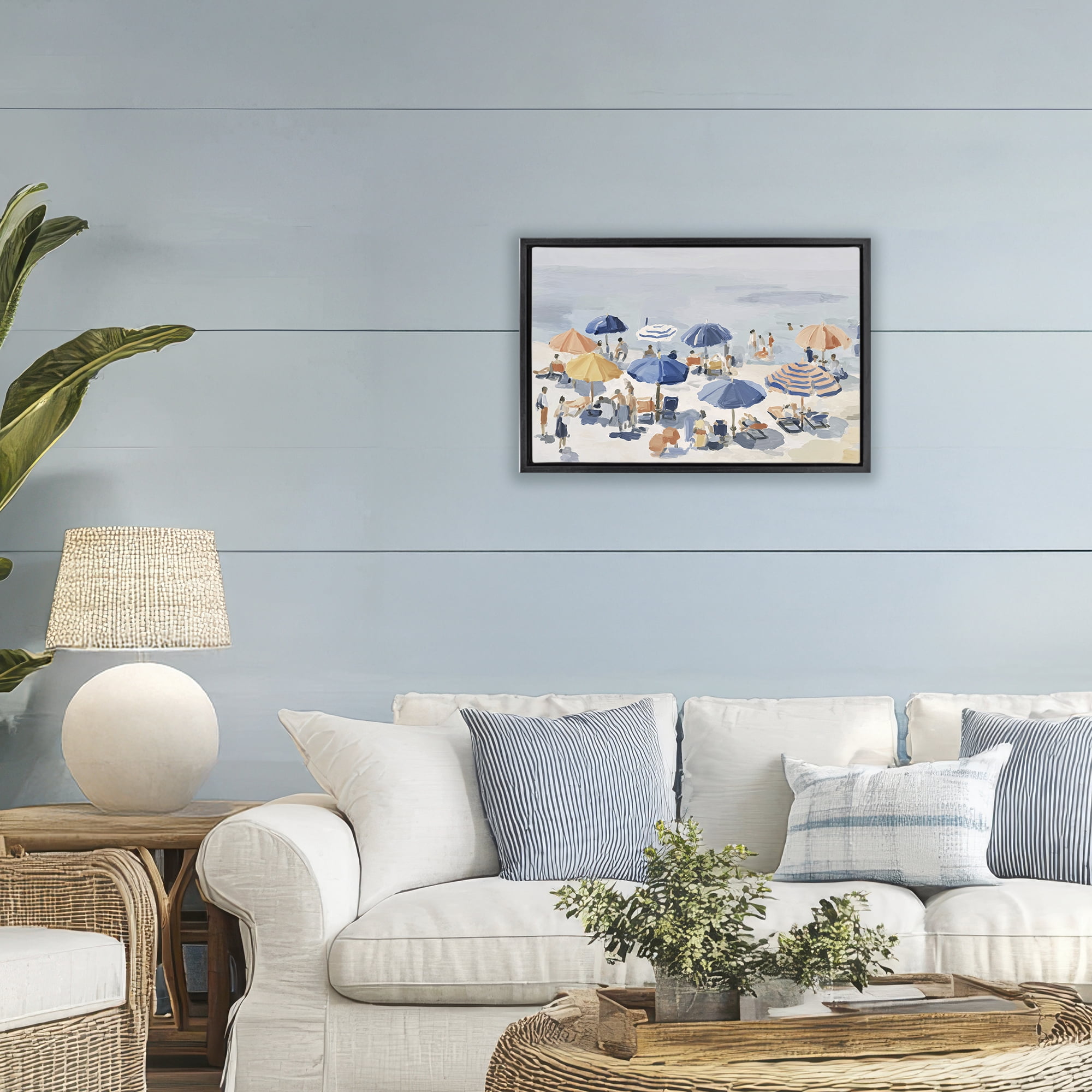 Stupell Industries Summer Fun Beach Crowd Black Framed Floater Canvas Wall Art, design by Jacky Ngan