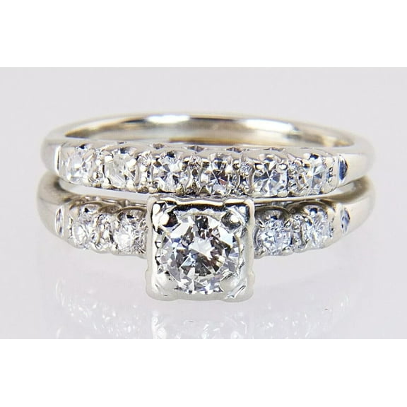 Art Deco Pave Set Bridal Set Wedding Ring, Accents Half Eternity Diamond Engagement Ring, Women's Two Set Anniversary Ring For Her, 2.2 Ct Simulated Round Cut Diamond, 14K White Gold Plated