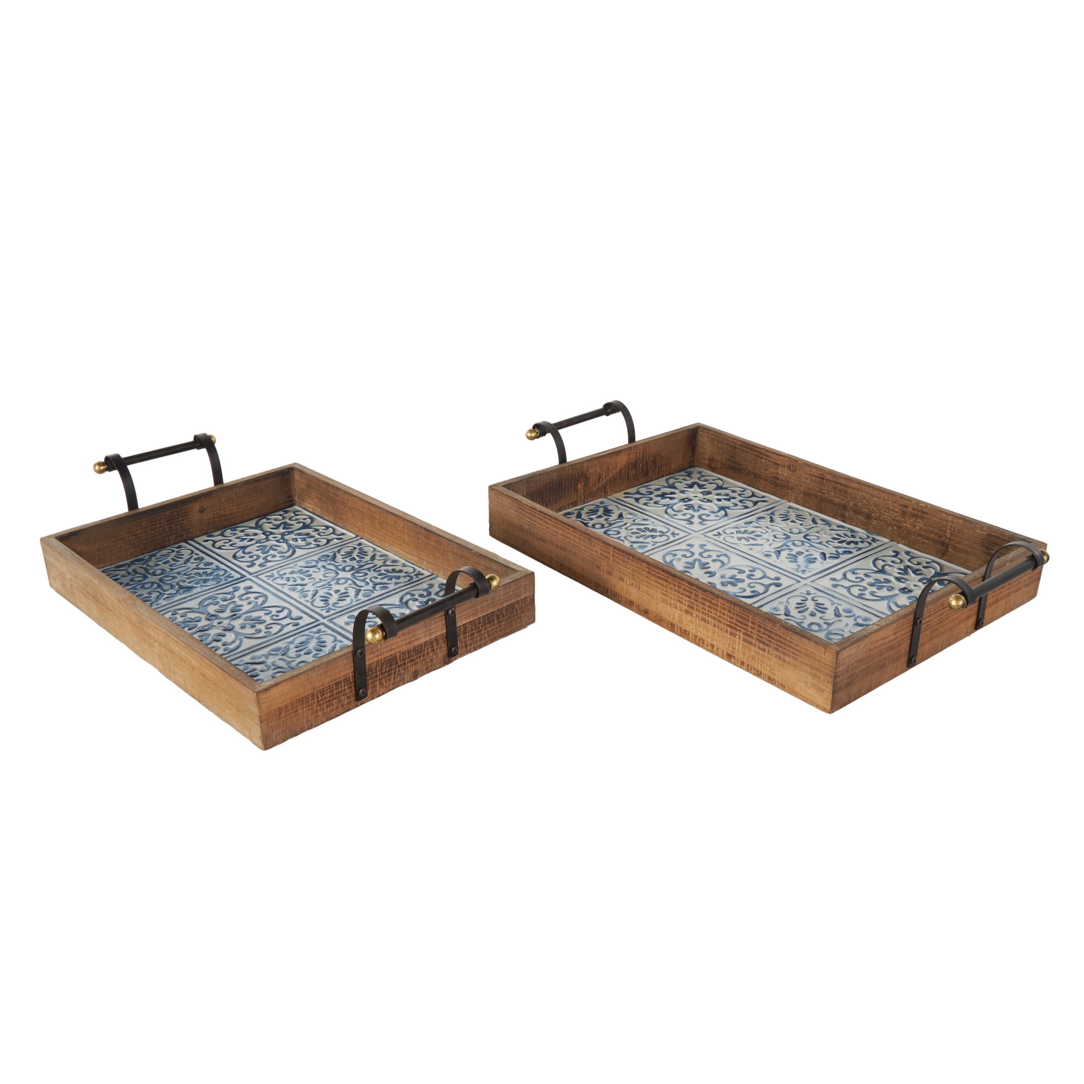 DecMode 23", 19"W Brown Wood Floral Tray with Tile Patterns, 2-Pieces