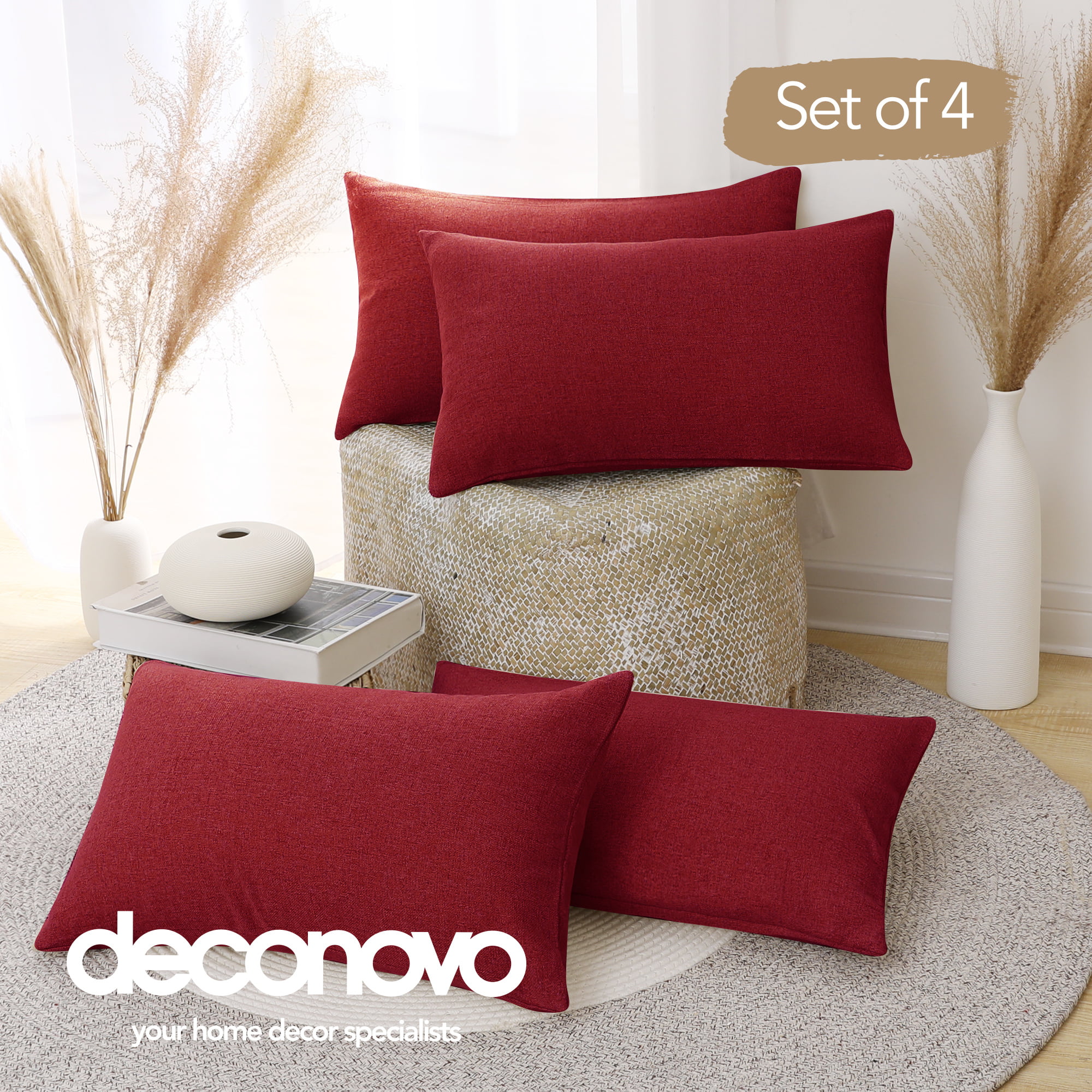 Deconovo Red Toss Pillow Case Throw Cushion Cover Faux Linen Look for Car Red 18x18-inch