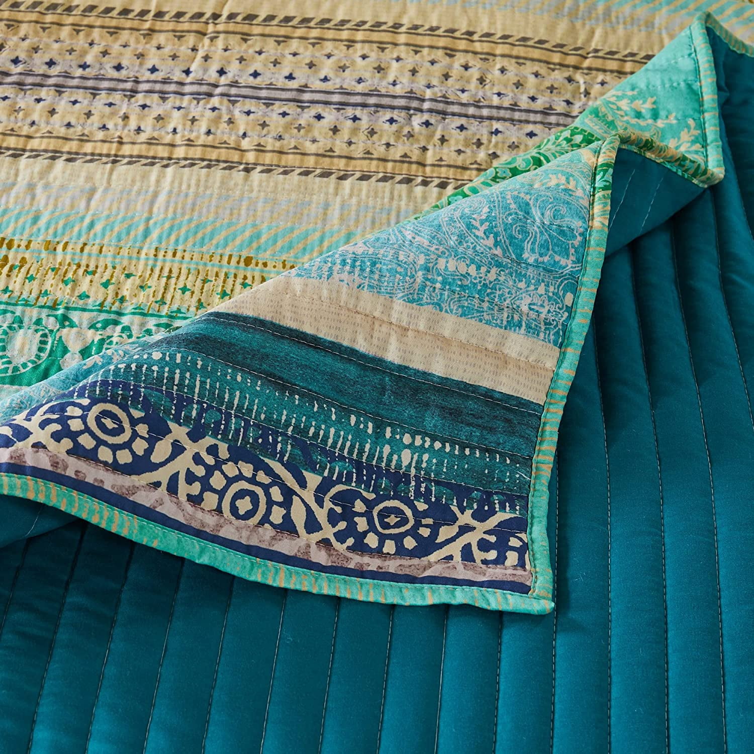 Greenland Home Fashions Aurora Vintage Boho Quilt Set, Blue, 3-Piece Full/Queen