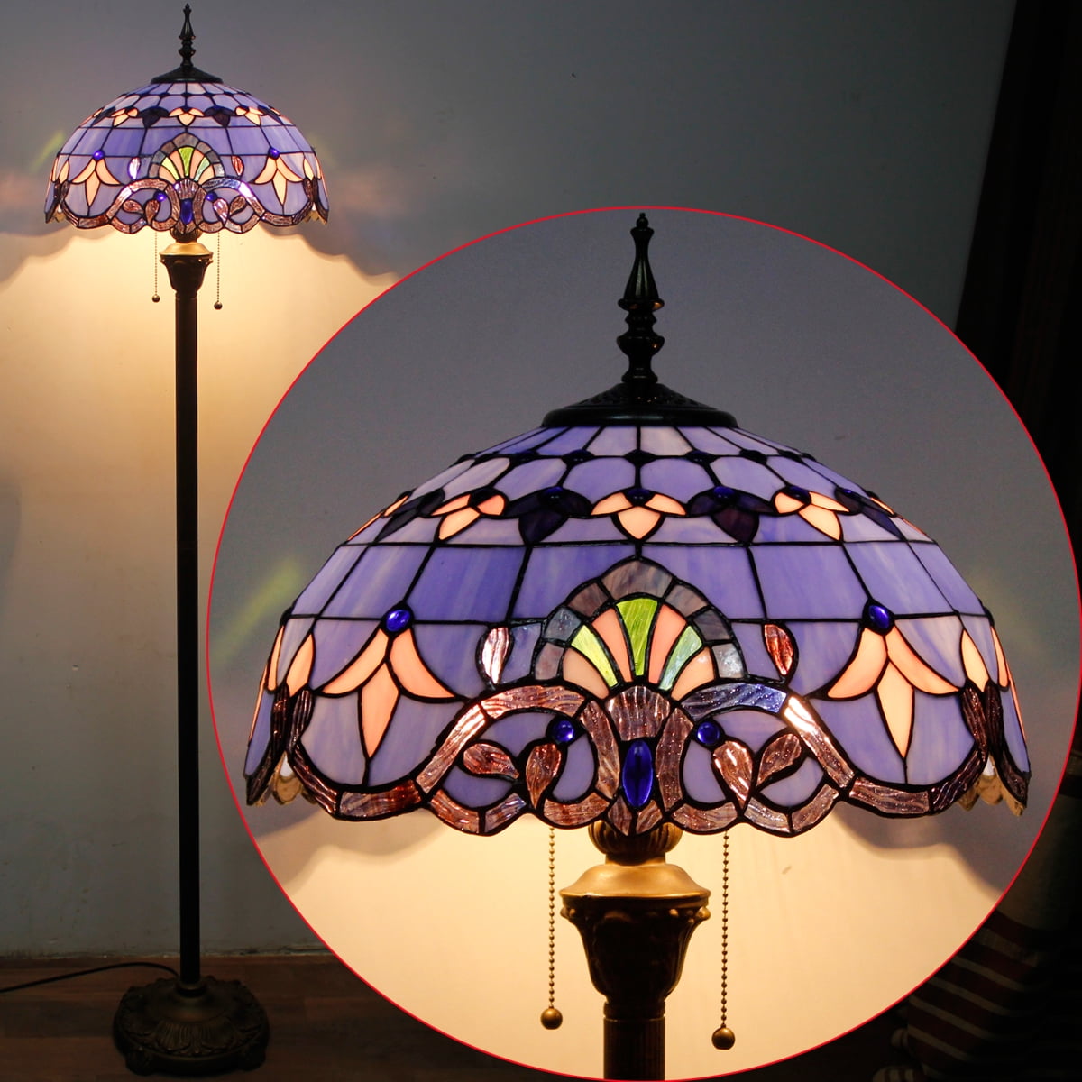 Tiffany Floor Lamp LED Bright Standing Reading Light 64"Tall Blue Stained Glass Baroque Style Shade Boho Industrial Bronze Pole Vintage Base Corner Kids Bedroom Living Room Farmhouse Office WERFACTORY