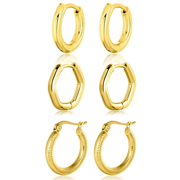 JeenMata Juego de 3 Elegantes Pendientes de Aro en Oro Amarillo