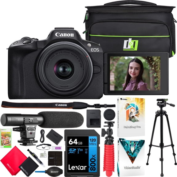 Canon EOS R50 Mirrorless Camera (Black) with RF-S 18-45mm F4.5-6.3 IS STM Lens 5811C012 Bundle with Deco Gear Photography Bag   Microphone   Tripod   Software| Official Canon USA Dealer