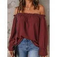 thumbnail image 5 of Women'S Off Shoulder Top Ruffle Long Sleeve Chiffon Blouse Casual Loose Shirts Wine Red XXL, 5 of 7