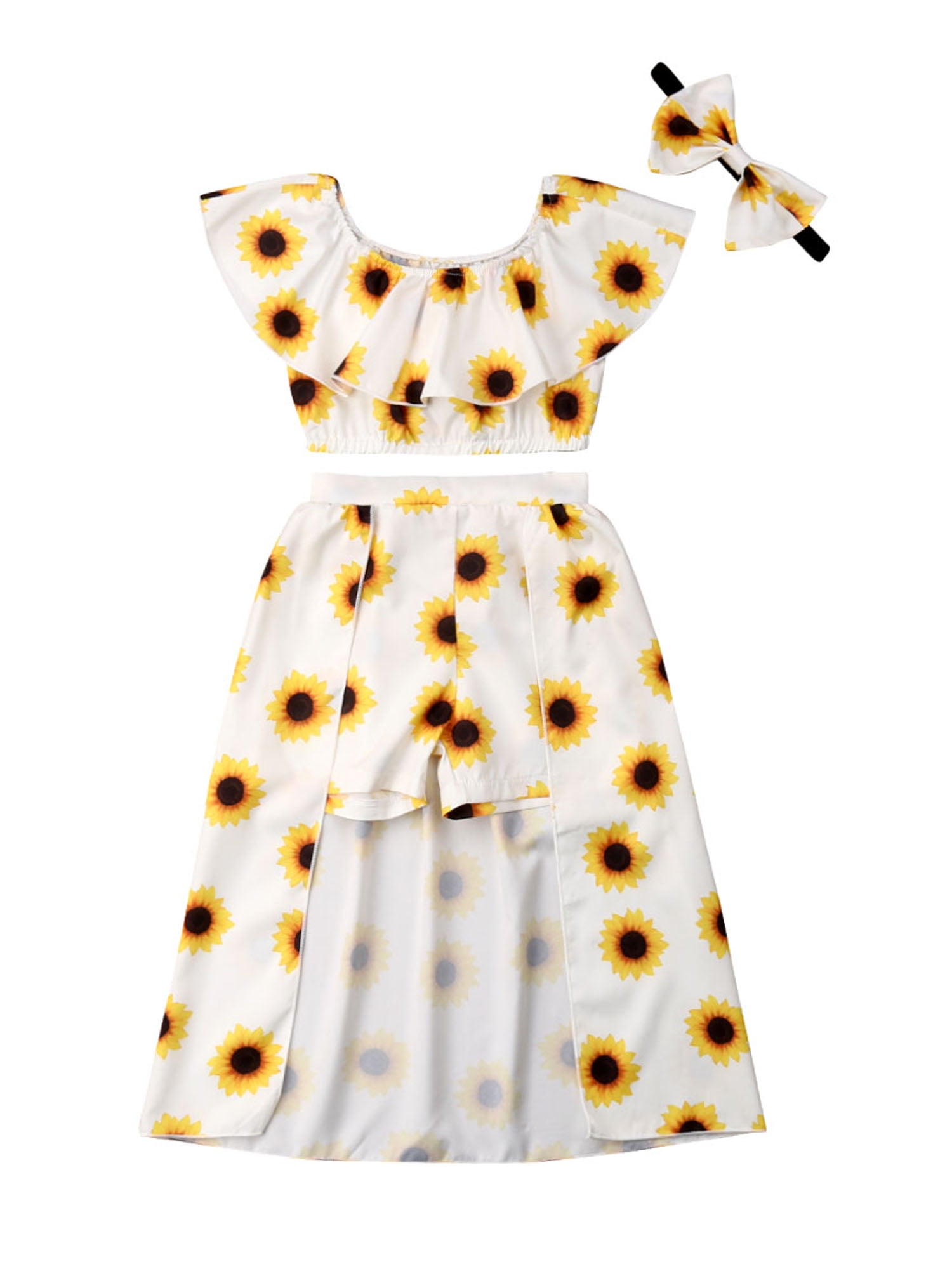 Cute Sunflower Summer Girls Crop Tops Shorts Dress Headband Outfits Clothes Set 