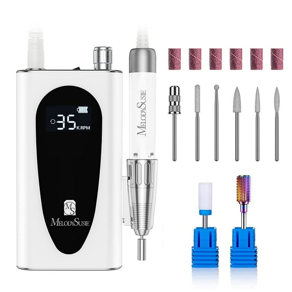 MelodySusie 35000RPM MM400C Nail Drill Professional, Rechargeable Cordless Nail Drill Machine Portable Efile for Acrylic Gel Nails Remove, 8Pcs Nail Drill Bits, Low N