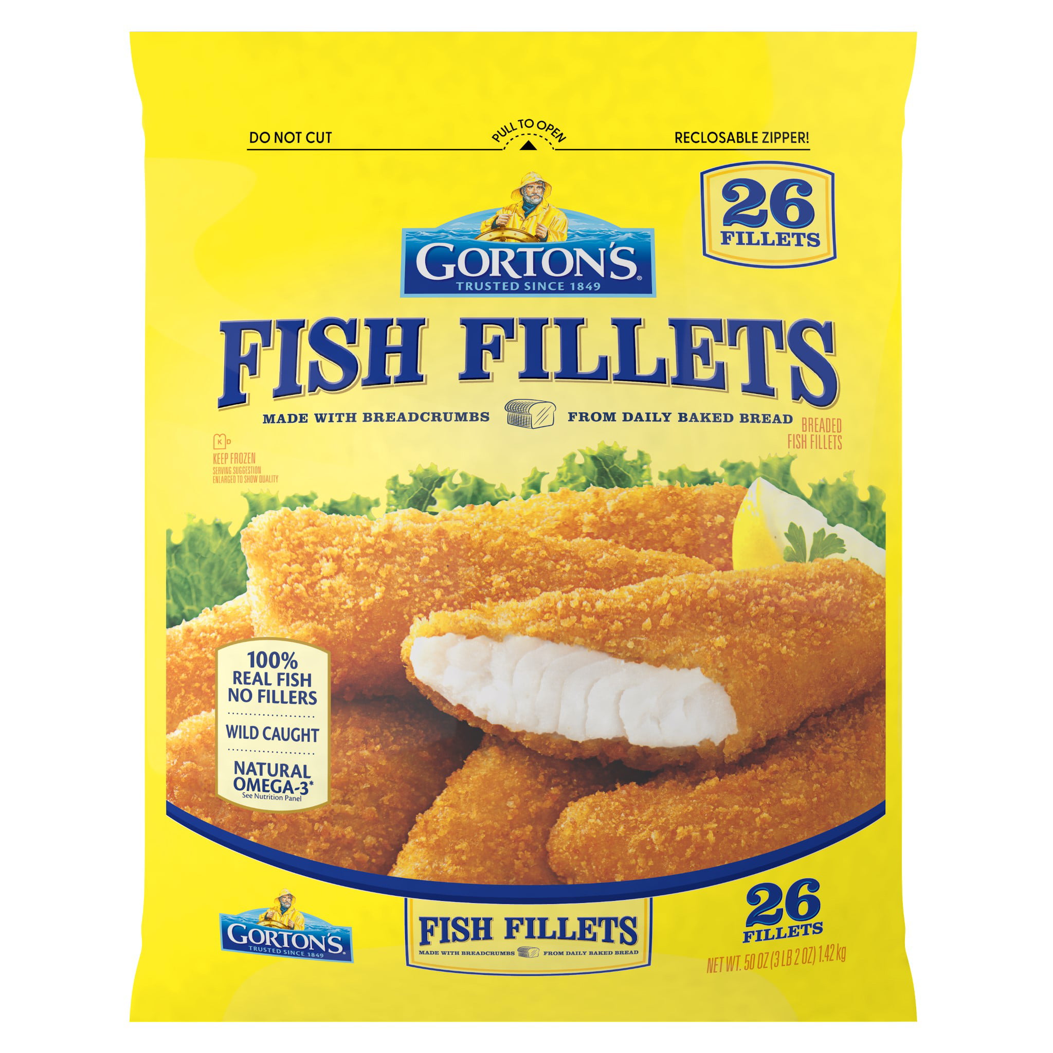 Gortons Crunchy Breaded Fish 100% Whole Fillets, Wild Caught Pollock with Crunchy Panko Breadcrumbs, Frozen, 26 Count, 50 Ounce Resealable Bag