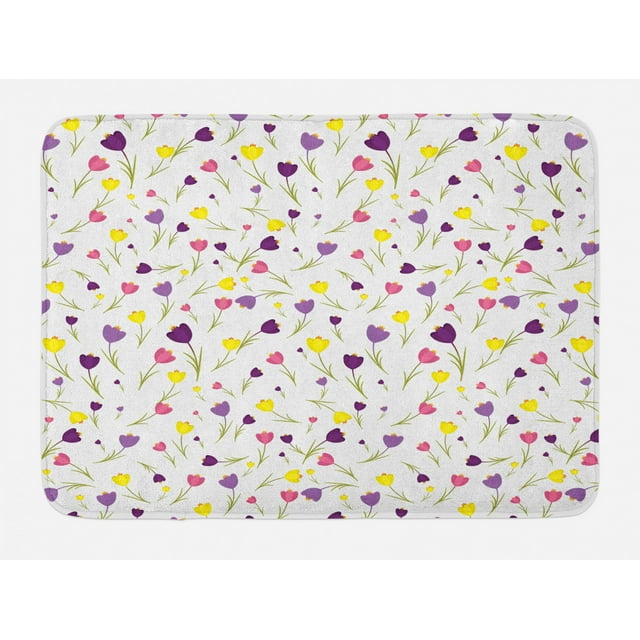Tulip Bath Mat, Limitless Tiny Little Tulip Motifs over Plain Backdrop Seasonal Romantic Concept, Non-Slip Plush Mat Bathroom Kitchen Laundry Room Decor, 29.5 X 17.5 Inches, Purple Yellow, Ambesonne