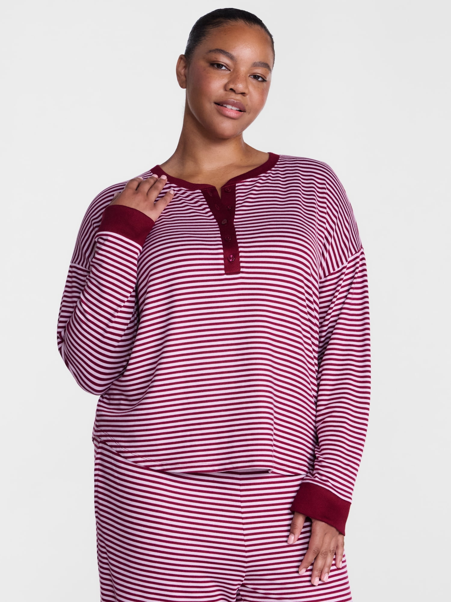 Joyspun Women's Cozy Lounge Collection Hacci Long Sleeve Henley Sleep Top, Sizes XS to 3X