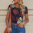 thumbnail image 6 of Disketp Roses Skulls for Women's Short-Sleeved Onesie Fit Top T-Shirt Round Neck Basic Casual T-shirt Bodysuits-Small, 6 of 7