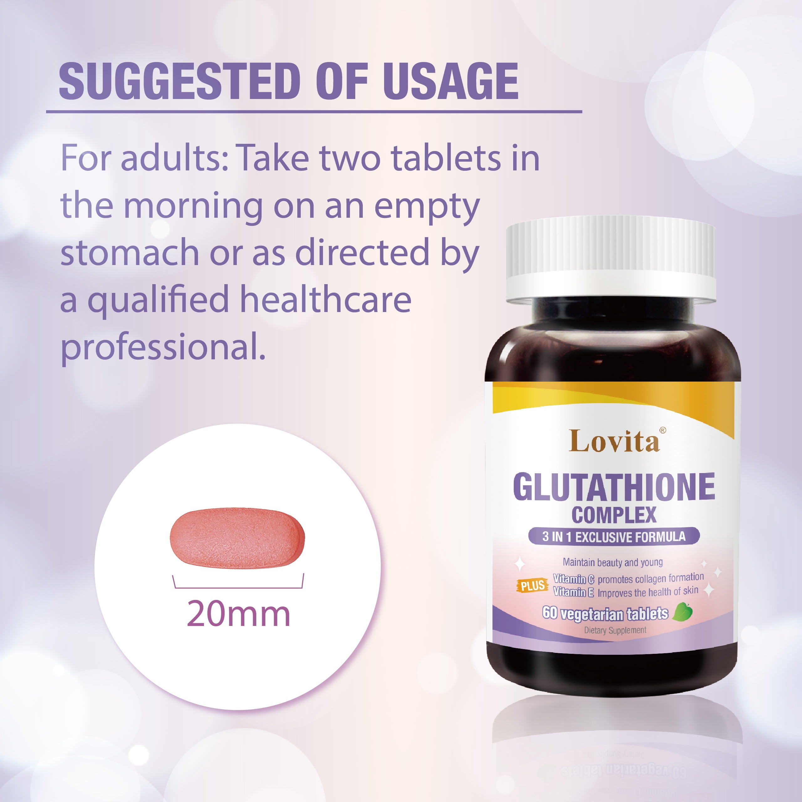 LOVITA Glutathione Complex 500mg for Radiant Skin & Immunity Support | 99.8% Purity with Vitamin C, Selenium & E, Vegan, Non-GMO, Gluten-Free 60 Vegetarian Tablets