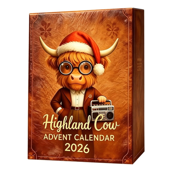 2026 2D Highland Cow Advent Calendar, 24 Days New Year Countdown with Acrylic Ornaments, Winter Snow Scene Gift Box for Christmas Tree & Home Decor