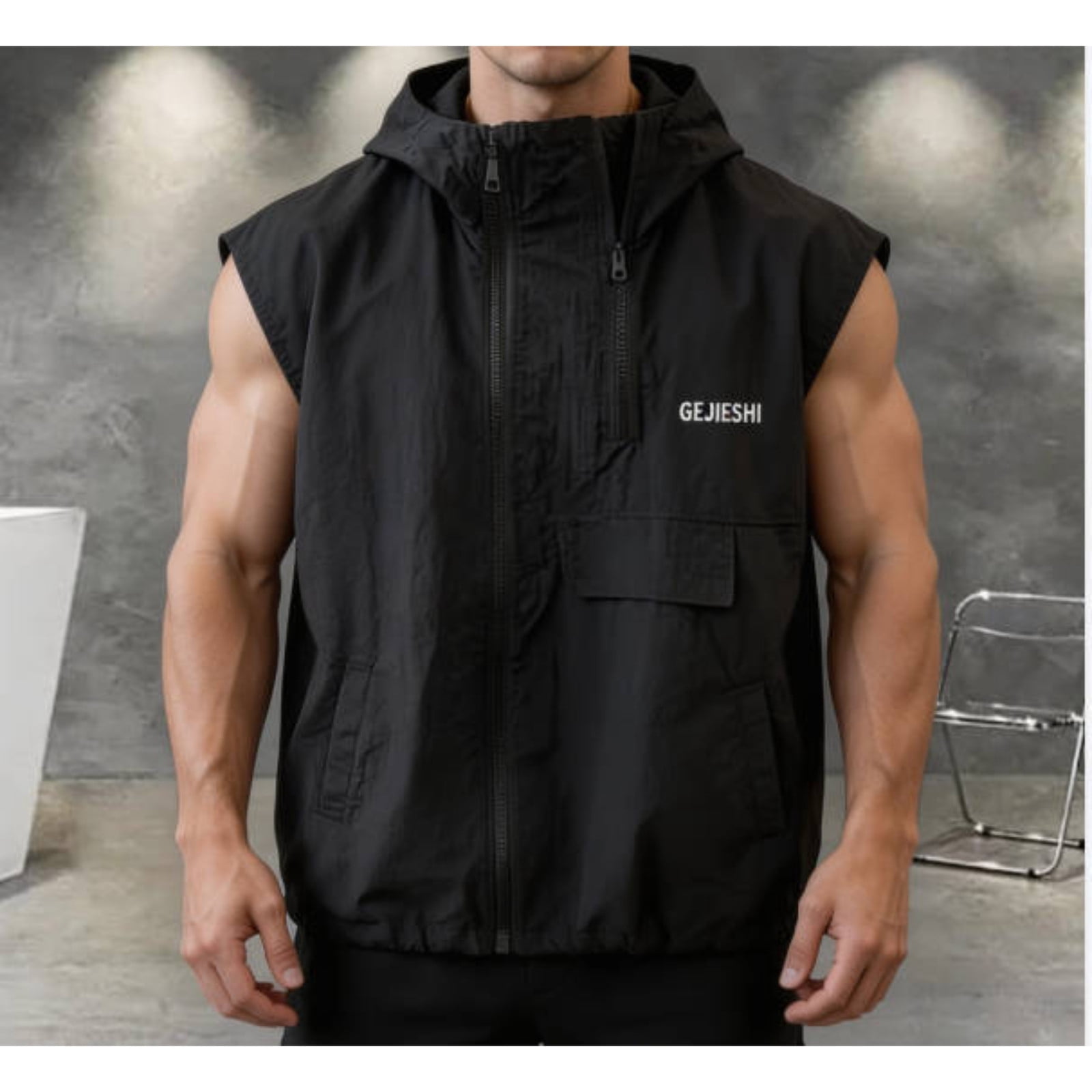 Men's Cycling Running Vest Sleeveless Jacket Windbreakers with Hood - Windproof, Breathable,Loose Big and Tall Size M-4XL Black