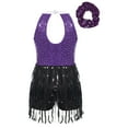 thumbnail image 4 of TiaoBug Kids Girls Sequins Tassel Latin Jazz Leotard Tango Rumba Samba Salsa Dance Dress with Hair Band Purple 10, 4 of 7
