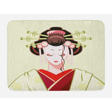 - Japanese Bath Mat, Geisha Woman Portrait Traditional Asian Kimono Maiko Cultural Hairdo, Non-Slip Plush Mat Bathroom Kitchen Laundry Room Decor, 29.5 X 17.5 Inches, Green Red Pale Yellow, Ambesonne