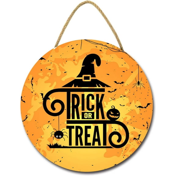 Eveokoki 12" Trick or Treat Pumpkin Hanging Sign for Front Door Halloween Wooden Wreath for Home Wall Decor Halloween Day Festival Decoration Outdoor Indoor