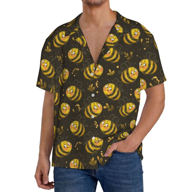 Fotbe Cute Cartoon Bees Camisa Estampada de Manga Corta para Hombre, Casual de Verano, Estilo Playero, Sin Arrugas-XX-Large