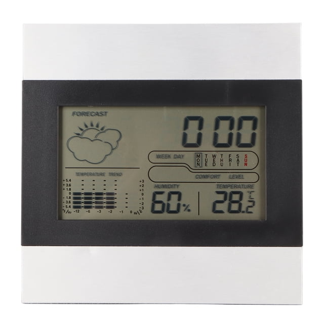 Reloj meteorológico digital con pantalla de temperatura y humedad, carcasa de aluminio, despertador digital para uso de escritorio y para colgar en la pared.