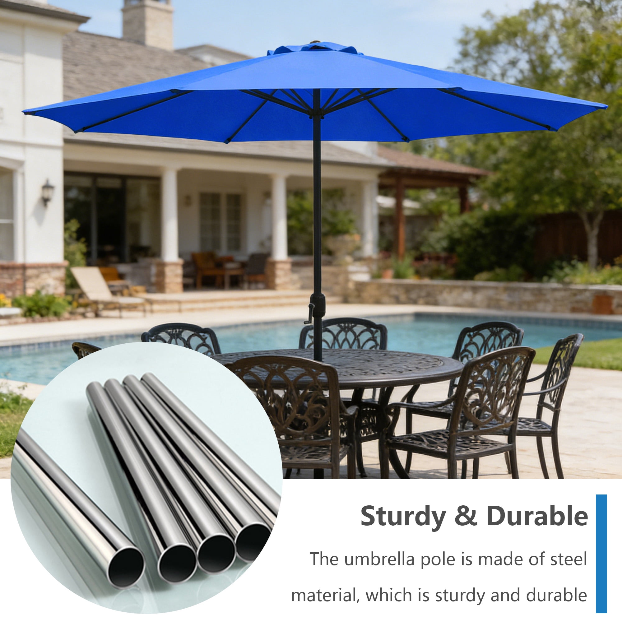 Abble 11FT Outdoor Patio Umbrella with Crank Handle, Market Umbrella with 8 Sturdy Umbrella Ribs, Waterproof for Garden Deck Backyard Pool,  Royal Blue