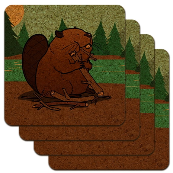 Beaver Chomping Wood Low Profile Novelty Cork Coaster Set